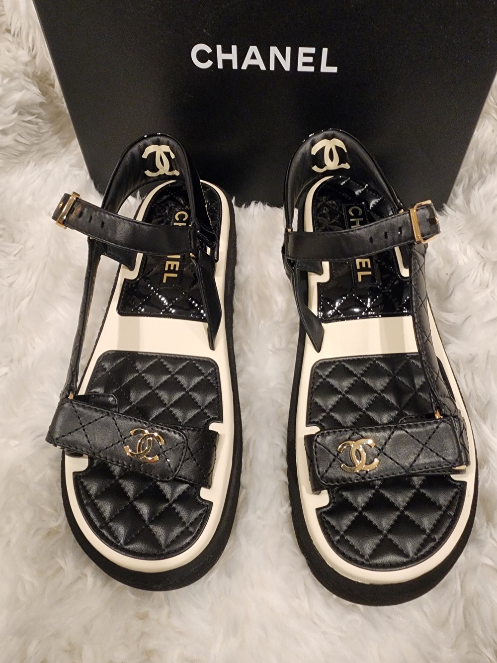 Chanel Kids Black and White Quilted Logo Sandals